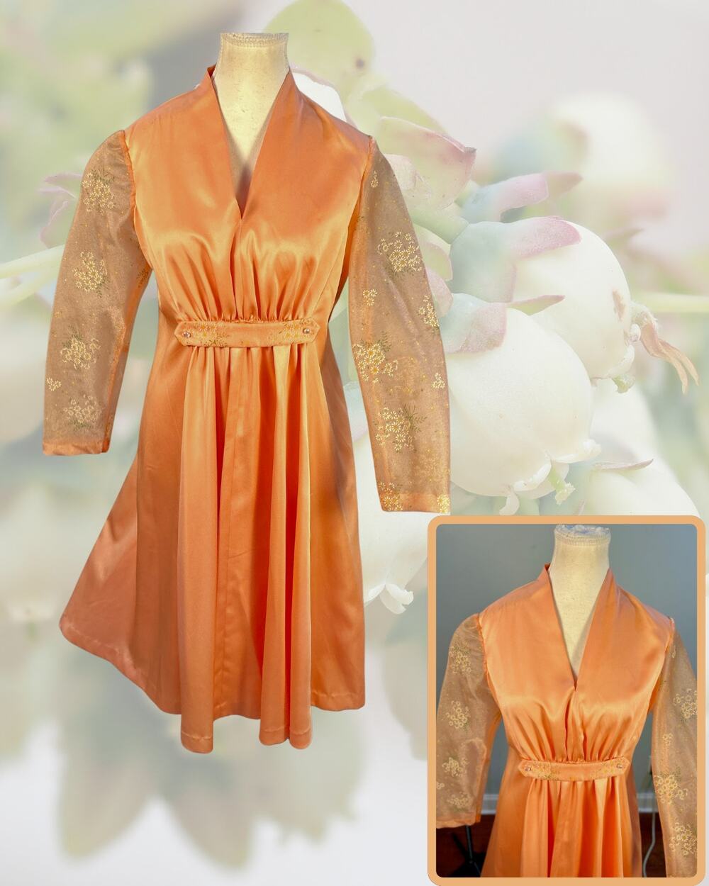Vintage 70s Satin Peach Satin Pastel Sheer Daisy Sleeve Boho Peasant Dress  S